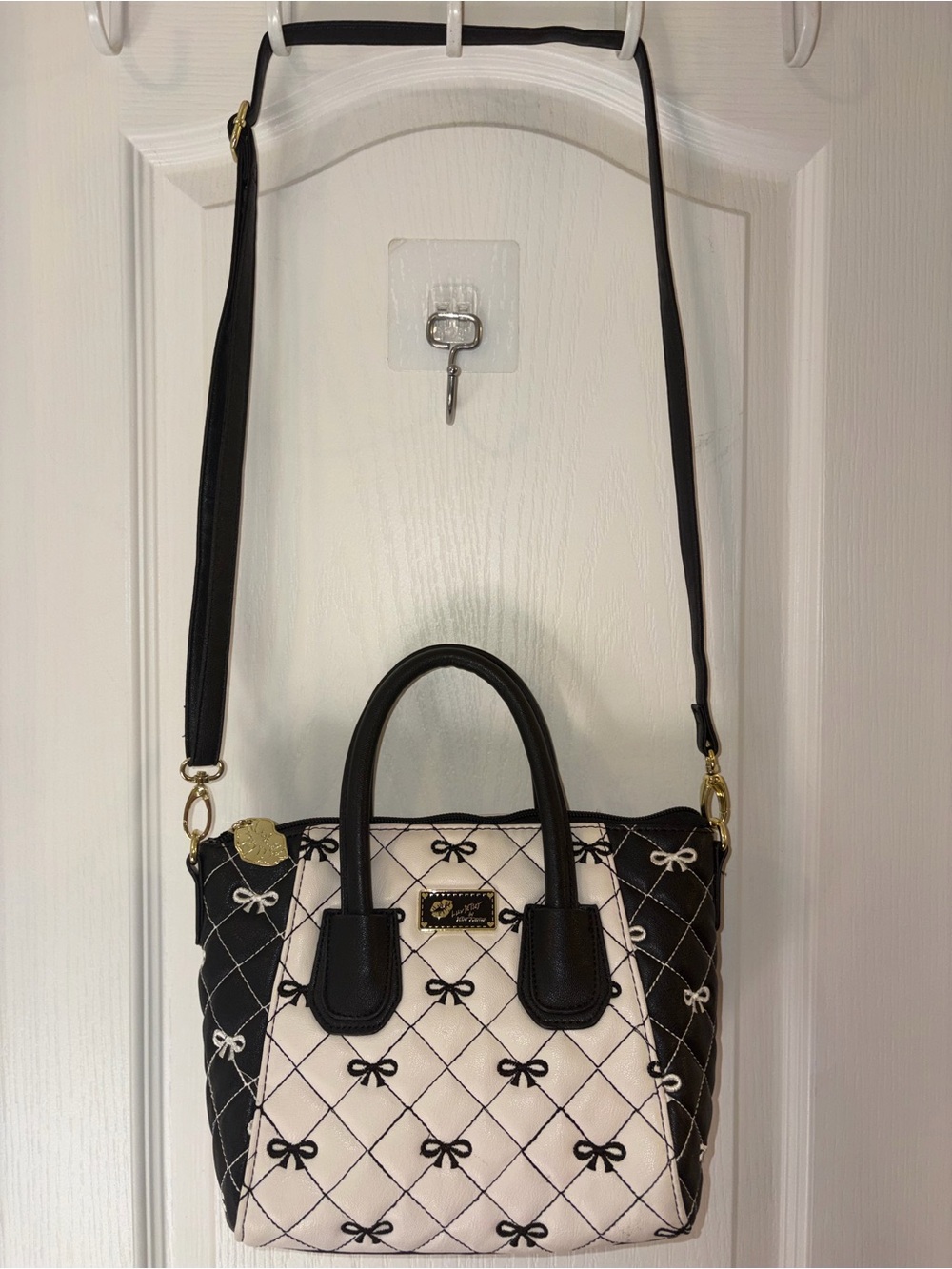 Betsey Johnson Black & Cream Quilted Satchel with Bow Print